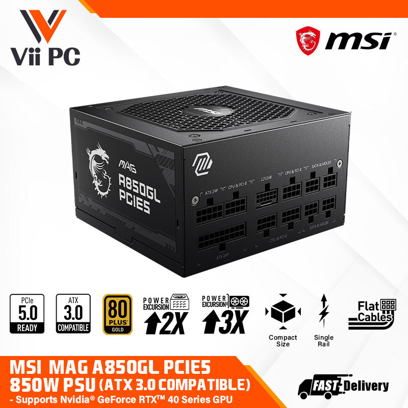 MSI MAG A750GL PCIE5 (750W) / A850GL PCIE5 (850W) 80 Plus® Gold Full Modular Power Supply - ATX 3.0 / PCIE 5.0 / Flat Cables / Supports NVIDIA® GeForce RTX™ 40 Series graphics cards (7 Year Warranty)