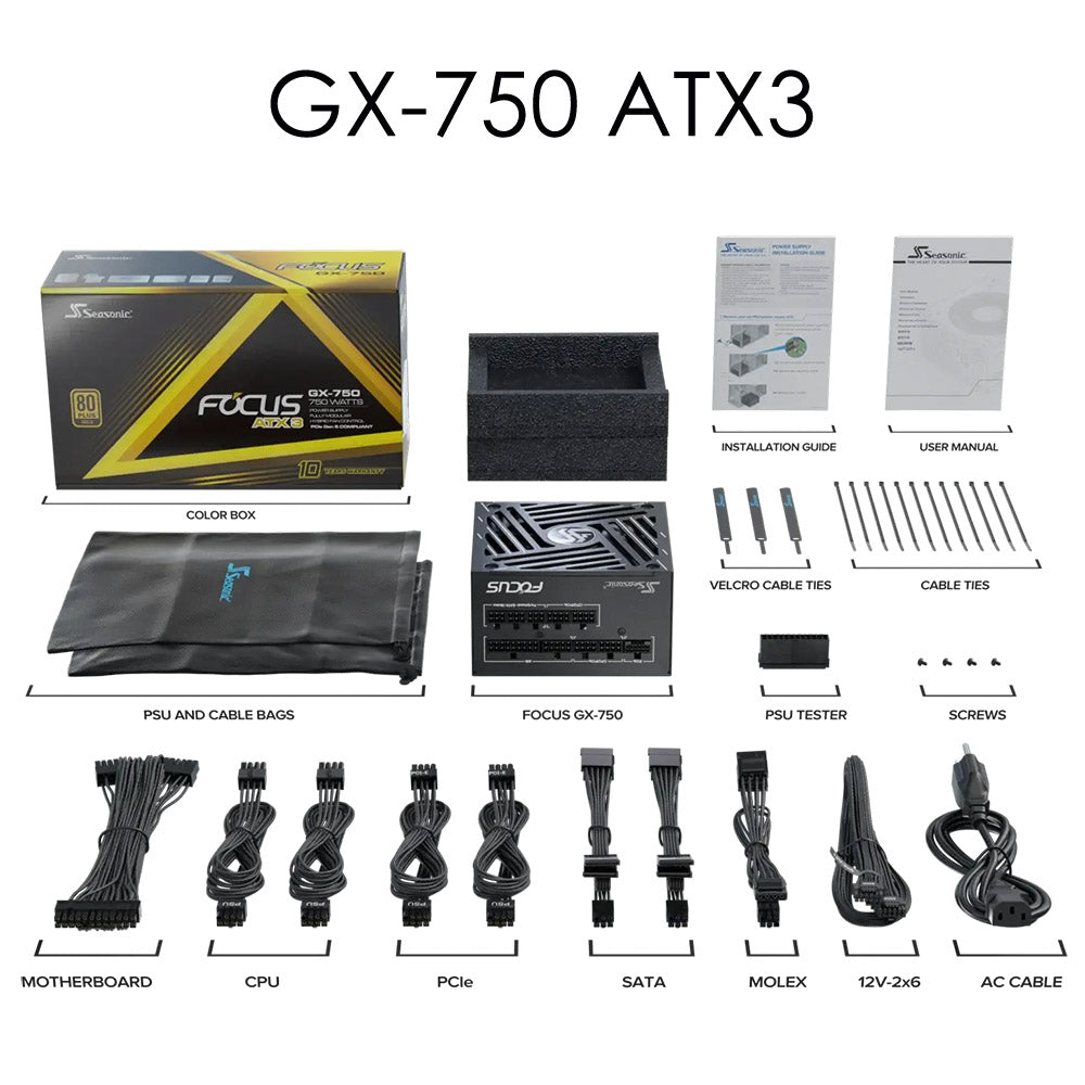 Seasonic FOCUS GX-750 or GX-850 ATX 3 (V4) 80 Plus® Gold Power Supply - ATX 3.1 & PCIe 5.1 (10 Year Warranty)